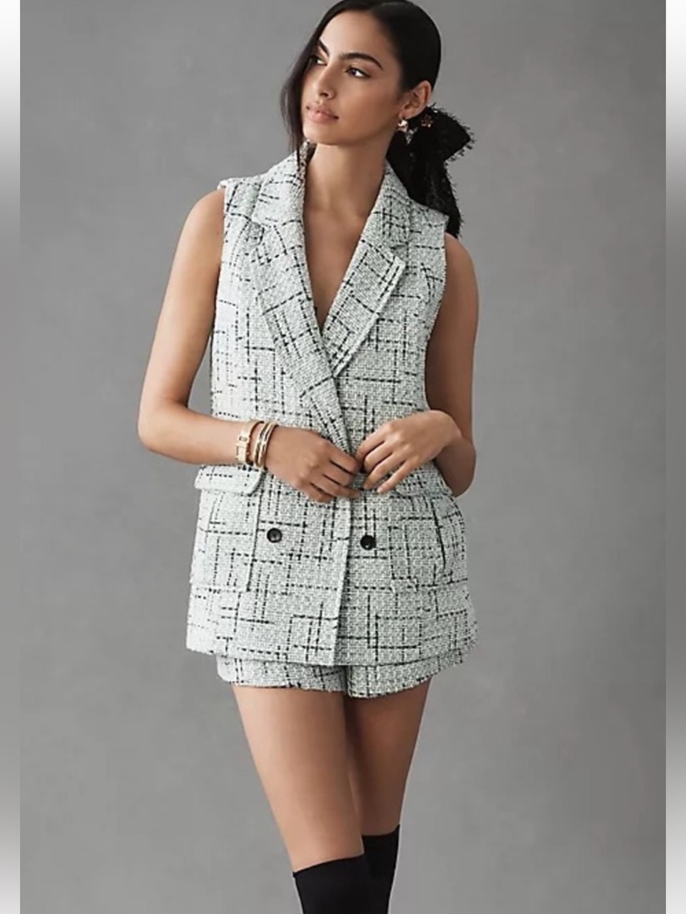 Anthropologie Maeve green white tweed vest